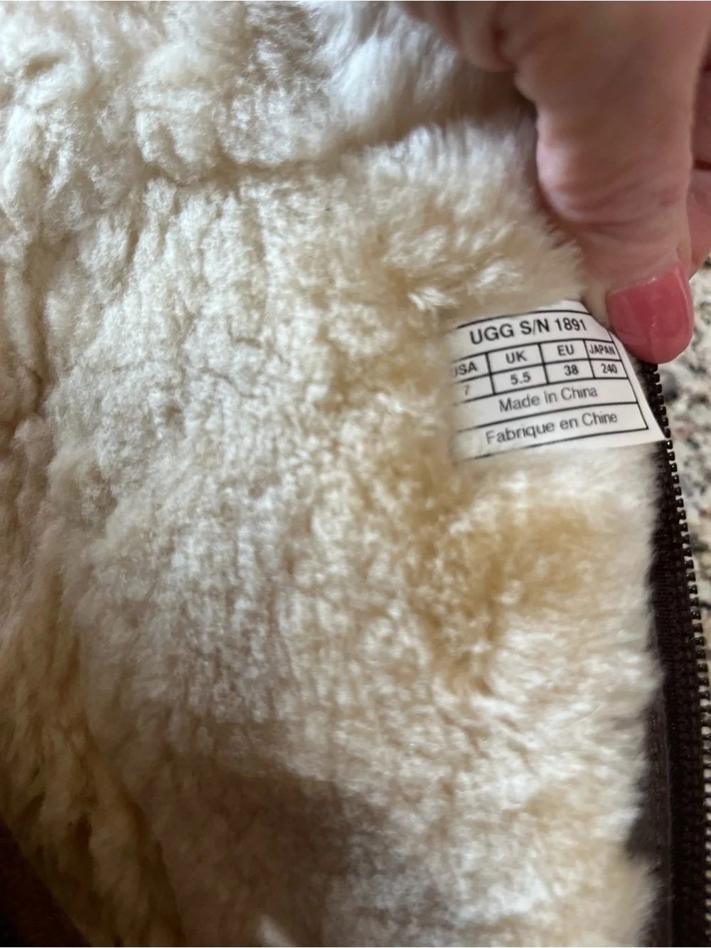 UGG Brown Shearling-Lined Boot Interior with Zipper Trim